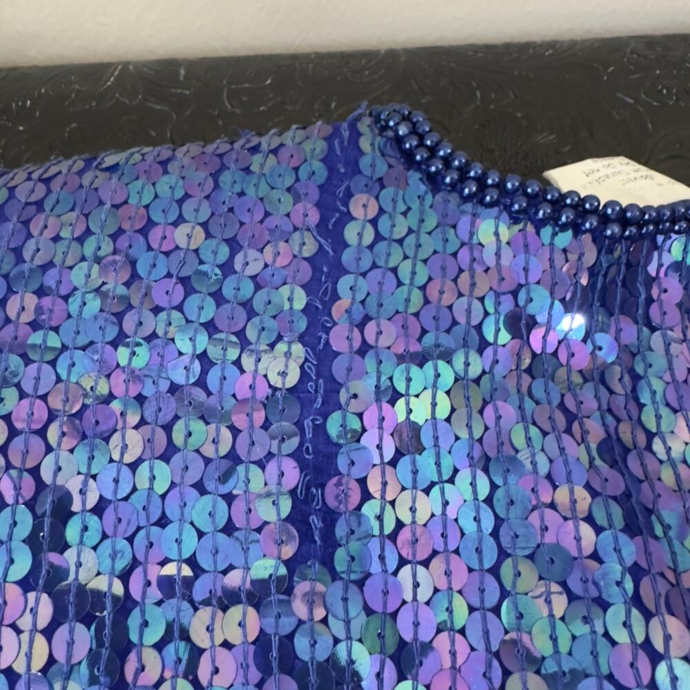 Stenay Cobalt Blue Hand-Beaded Silk Top - Sequin Vintage Glam - Handmade - XL - Picture 9 of 16
